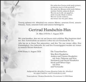 Traueranzeige von Gertrud Handschin-Hux von AvU