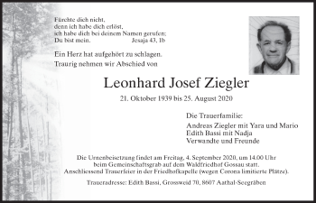 Traueranzeige von Leonhard Josef Ziegler von AvU