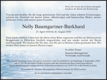 Traueranzeige von Nelly Baumgartner-Burkhard von ZO solo