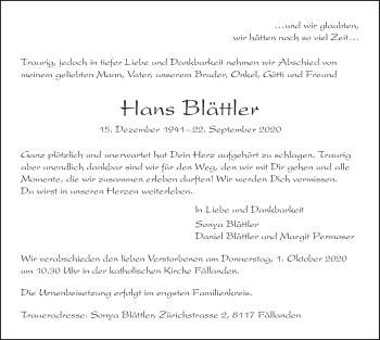 Traueranzeige von Hans Blättler von AvU