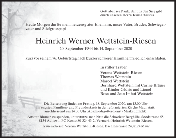 Traueranzeige von Heinrich Werner Wettstein-Riesen von AvU