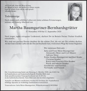 Traueranzeige von Martha Baumgartner-Bernhardsgrütter von AvU