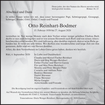 Traueranzeige von Otto Reinhart-Bodmer von AvU