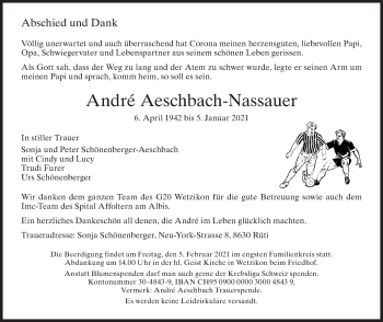 Traueranzeige von Andre Aeschbach-Nassauer von AvU