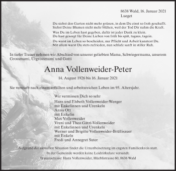 Traueranzeige von Anna Vollenweider-Peter von AvU