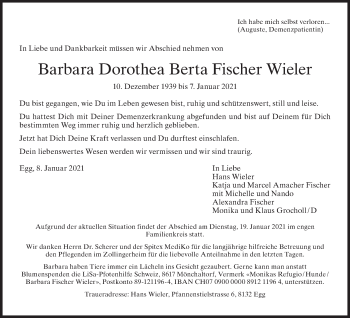 Traueranzeige von Barbara Dorothea  Fischer von AvU