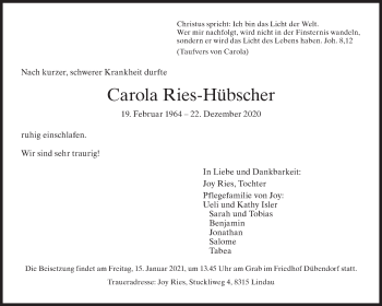 Traueranzeige von Carola Ries-Hübscher von AvU