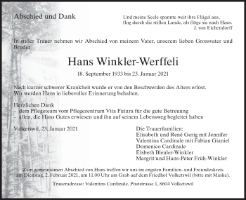 Traueranzeige von Hans Winkler-Werffeli von AvU