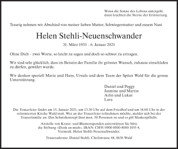 Traueranzeige von Helen Stehli-Neuenschwander von AvU