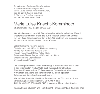 Traueranzeige von Marie Luise Knecht-Komminoth von AvU