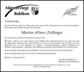 Traueranzeige von Martin Zollinger von ZO solo