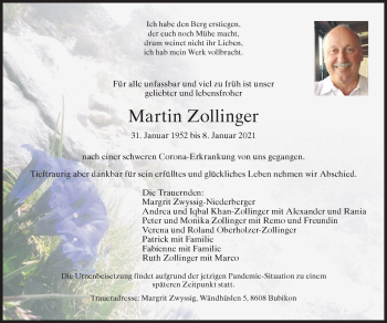 Traueranzeige von Martin Zollinger von AvU