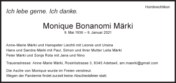 Traueranzeige von Monique Bonanomi Märki von AvU