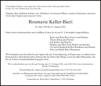 Traueranzeige von Rosmarie Keller-Bieri von ZO solo