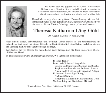 Traueranzeige von Theresia Katharina Läng-Göhl von ZO solo