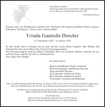 Traueranzeige von Ursula Gautschi-Denzler von AvU