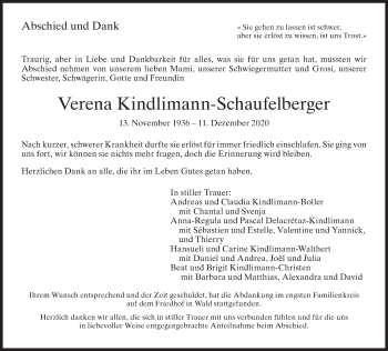 Traueranzeige von Verena Kindlimann-Schaufelberger von AvU