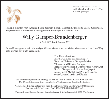 Traueranzeige von Willy Gamper-Brandenberger von AvU