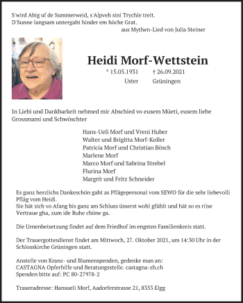 Traueranzeige von Heidi Morf-Wettstein von reg_2