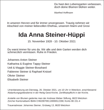 Traueranzeige von Ida Anna Steiner-Hüppi von AvU