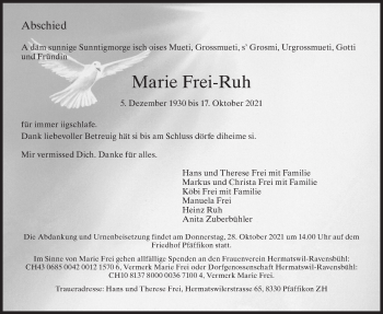 Traueranzeige von Marie Frei-Ruh von AvU