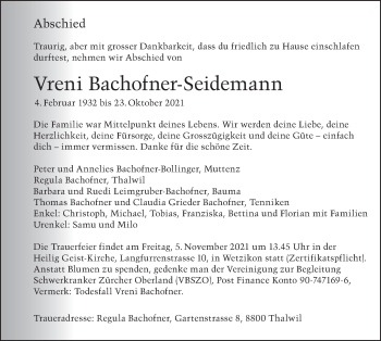 Traueranzeige von Vreni Bachofner-Seidemann von AvU