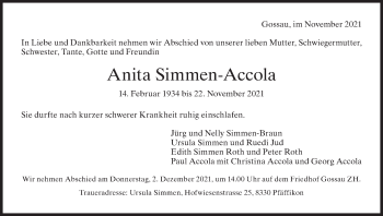 Traueranzeige von Anita Simmen-Accola von AvU