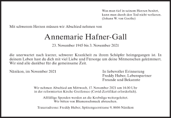 Traueranzeige von Annemarie Hafner-Gall von AvU