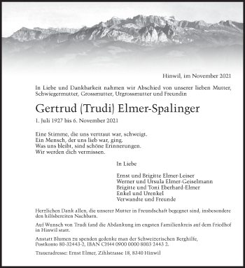 Traueranzeige von Gertrud  Elmer-Spalinger von AvU