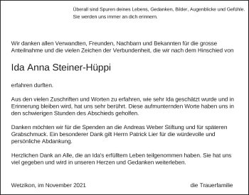 Traueranzeige von Ida Anna Steiner-Hüppi von AvU