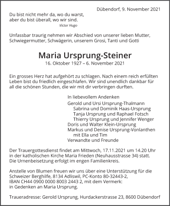 Traueranzeige von Maria Ursprung-Steiner von AvU