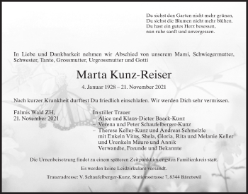 Traueranzeige von Marta Kunz-Reiser von AvU