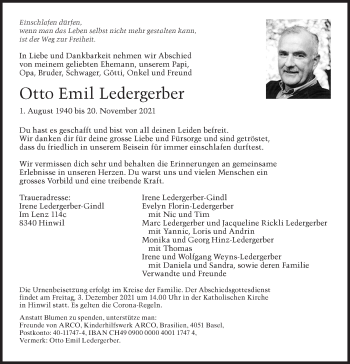 Traueranzeige von Otto Emil Ledergerber von AvU