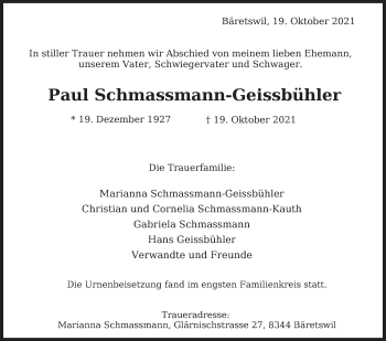 Traueranzeige von Paul Schmassmann-Geissbühler von AvU