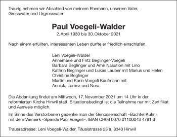 Traueranzeige von Paul Voegeli-Walder von AvU