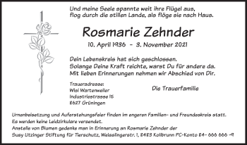 Traueranzeige von Rosmarie Zehnder von AvU