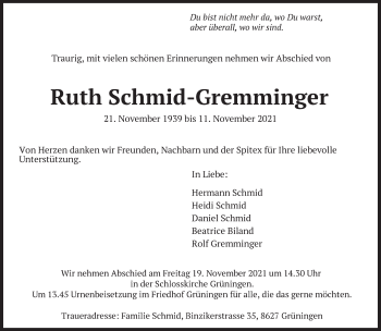 Traueranzeige von Ruth Schmid-Gremminger von AvU