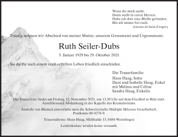 Traueranzeige von Ruth Seiler-Dubs von AvU