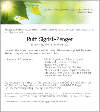 Traueranzeige von Ruth Sigrist-Zenger von AvU