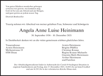 Traueranzeige von Angela Anne Luise Heinimann von AvU