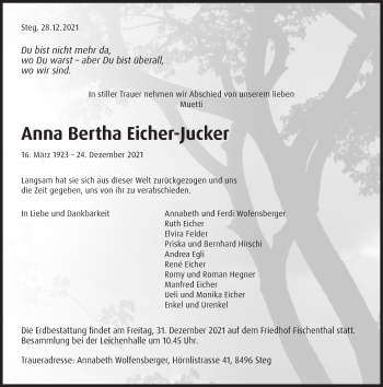 Traueranzeige von Anna Bertha Eicher-Jucker von AvU