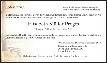 Traueranzeige von Elisabeth Müller-Progin von AvU