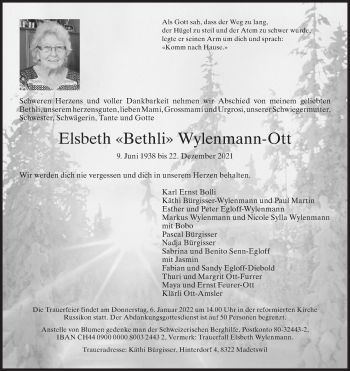 Traueranzeige von Elsbeth Wylenmann-Ott von AvU