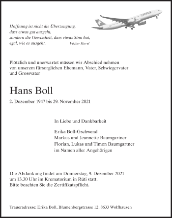 Traueranzeige von Hans Boll von AvU