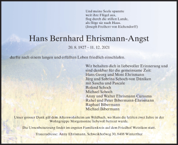 Traueranzeige von Hans Bernhard Ehrismann-Angst von AvU