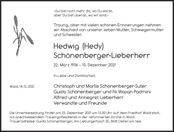 Traueranzeige von Hedwig Schönenberger-Lieberherr von AvU