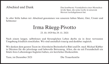 Traueranzeige von Irma Rüegg-Pivotto von AvU