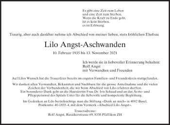 Traueranzeige von Lilo Angst-Aschwanden von AvU