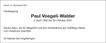 Traueranzeige von Paul Voegeli-Walder von AvU