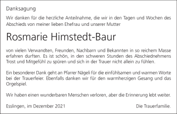 Traueranzeige von Rosmarie Himstedt-Baur von AvU